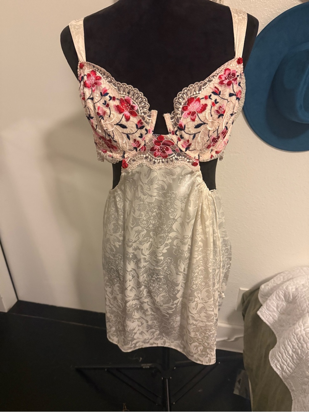 For Love & Lemgings Ivory Chemise with Red and Pink Floral Embroidery